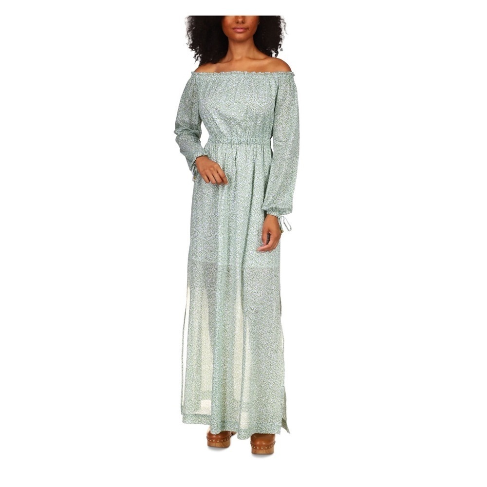 MICHAEL KORS Green Floral Long Sleeve Off Shoulder Maxi Shift Dress Size M